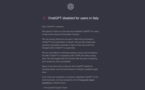 Il messaggio da parte di OpenAI sul blocco di Chat GPT in Italia. Fonte: Chat GPT